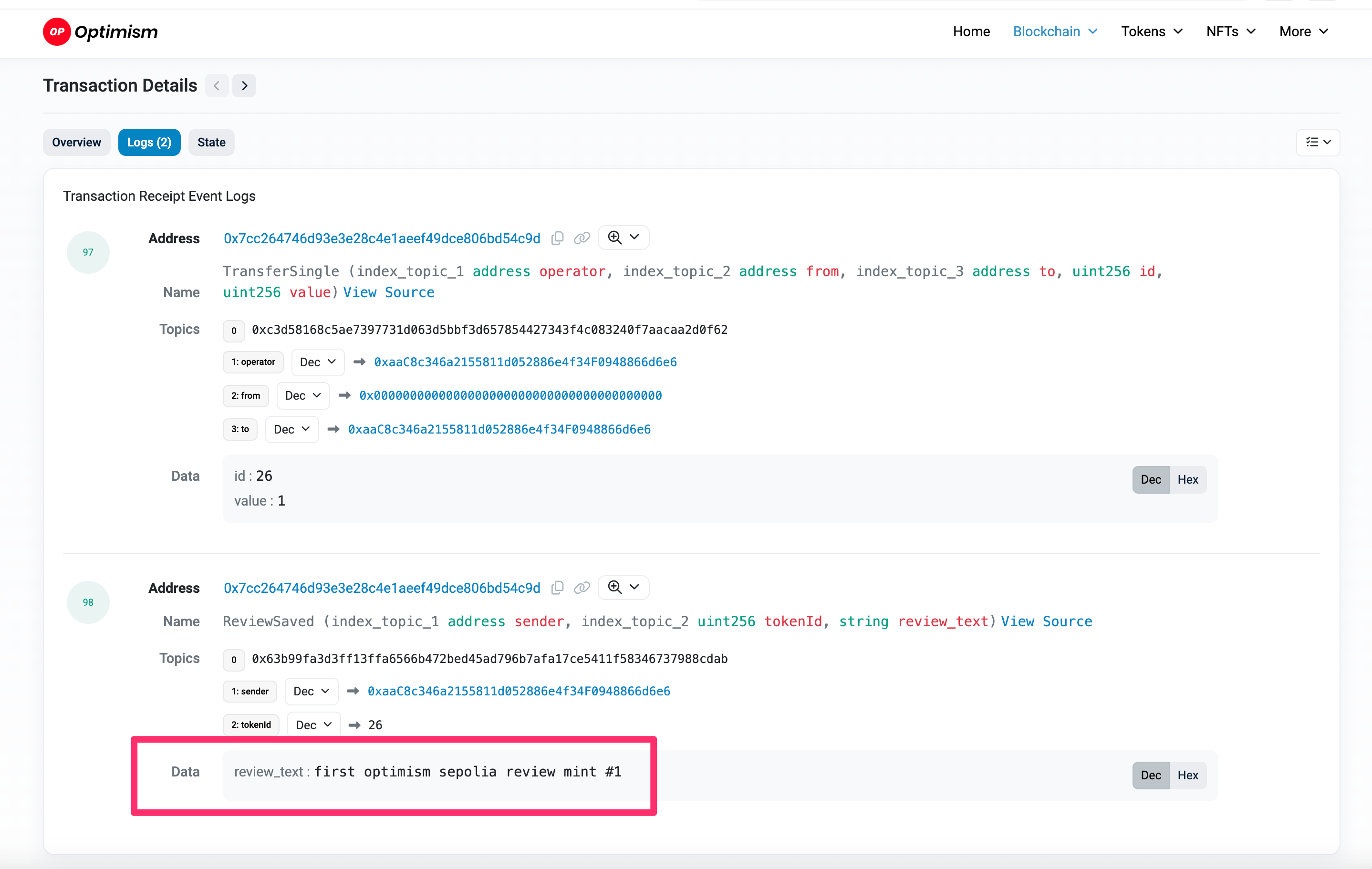 onchain review logs example